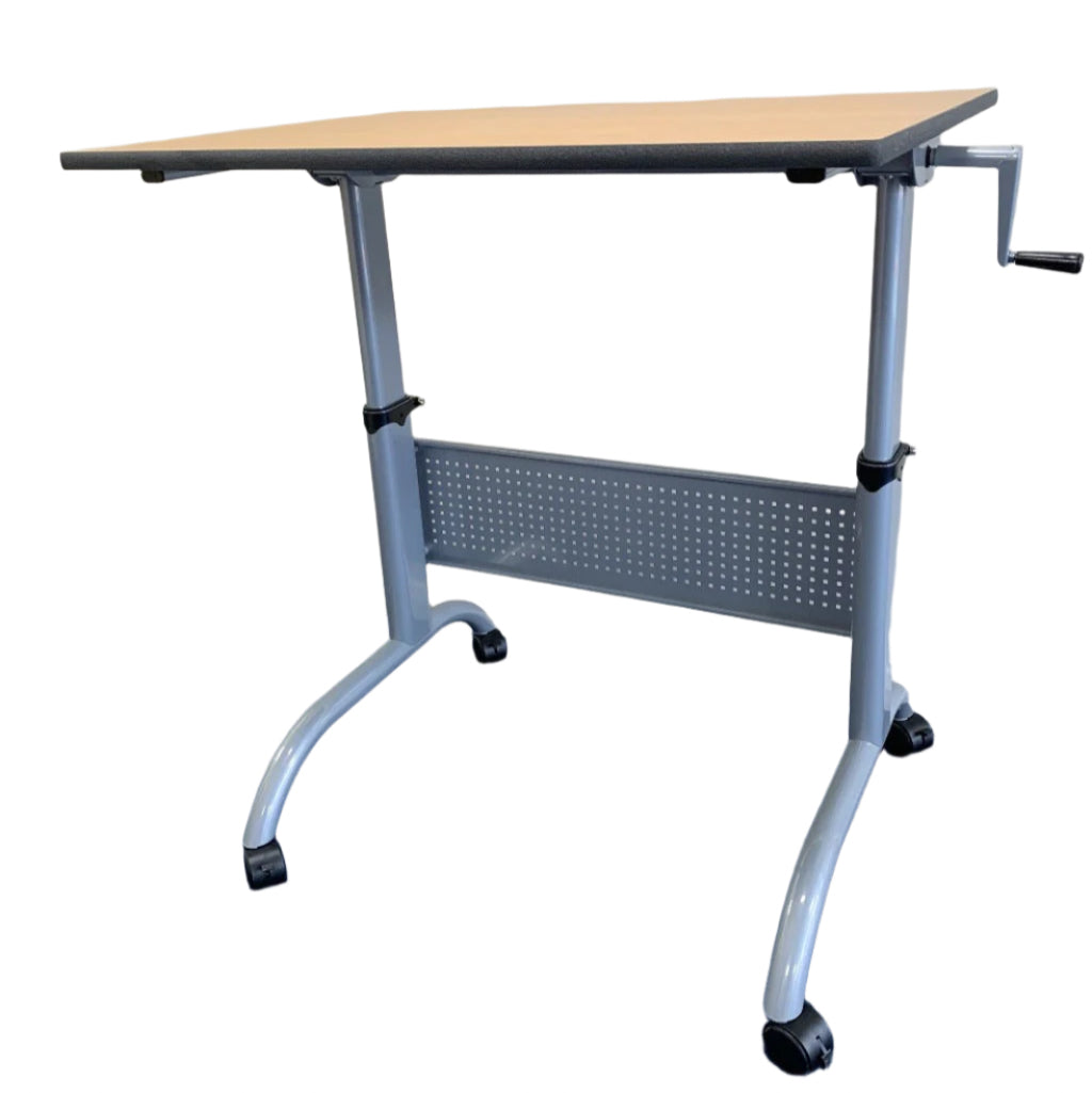 Manual adjustable height table at maximum height