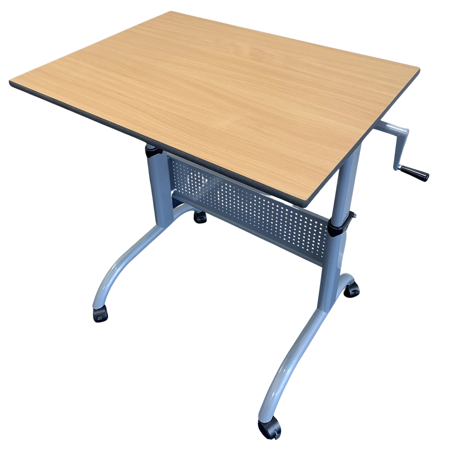 Manual adjustable height table. Grey frame and beech top