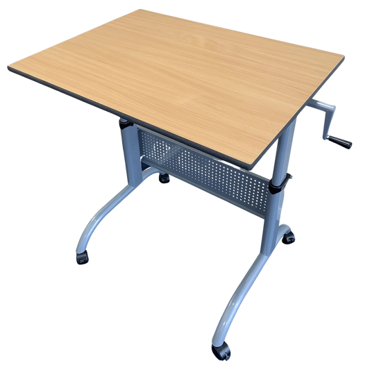 Manual adjustable height table. Grey frame and beech top