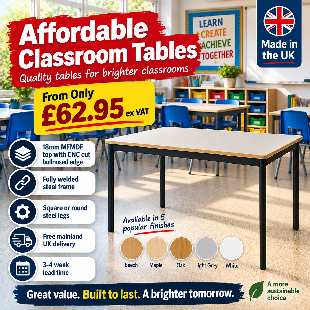 British-Made Fully Welded Classroom Tables – 15 Year Warranty
