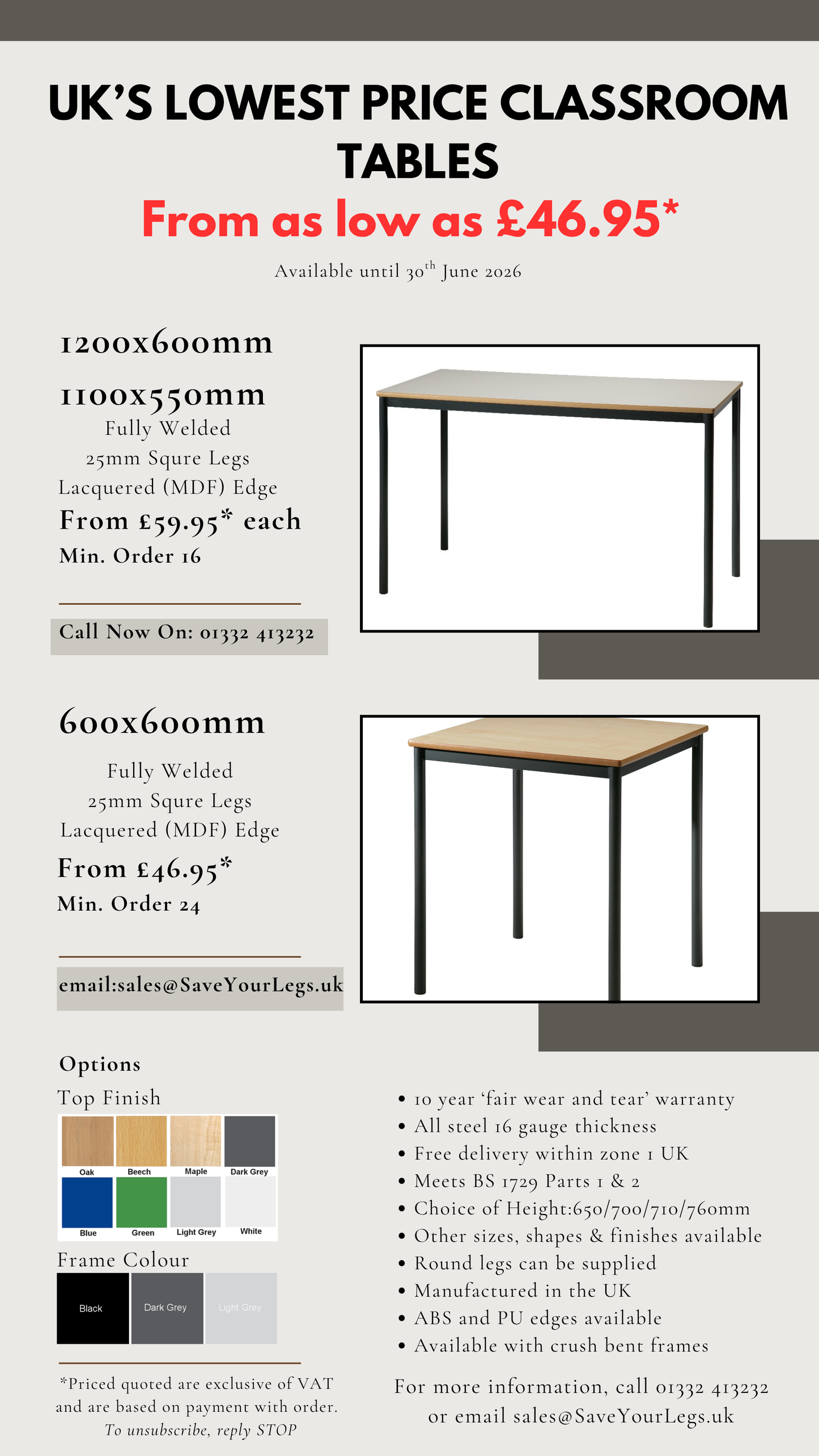 Lacquered MDF Edged - Fully Welded - Classroom Tables